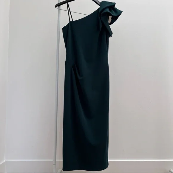 Betsy & Adam One Shoulder Dress in Dark Green - Picture 2 of 12